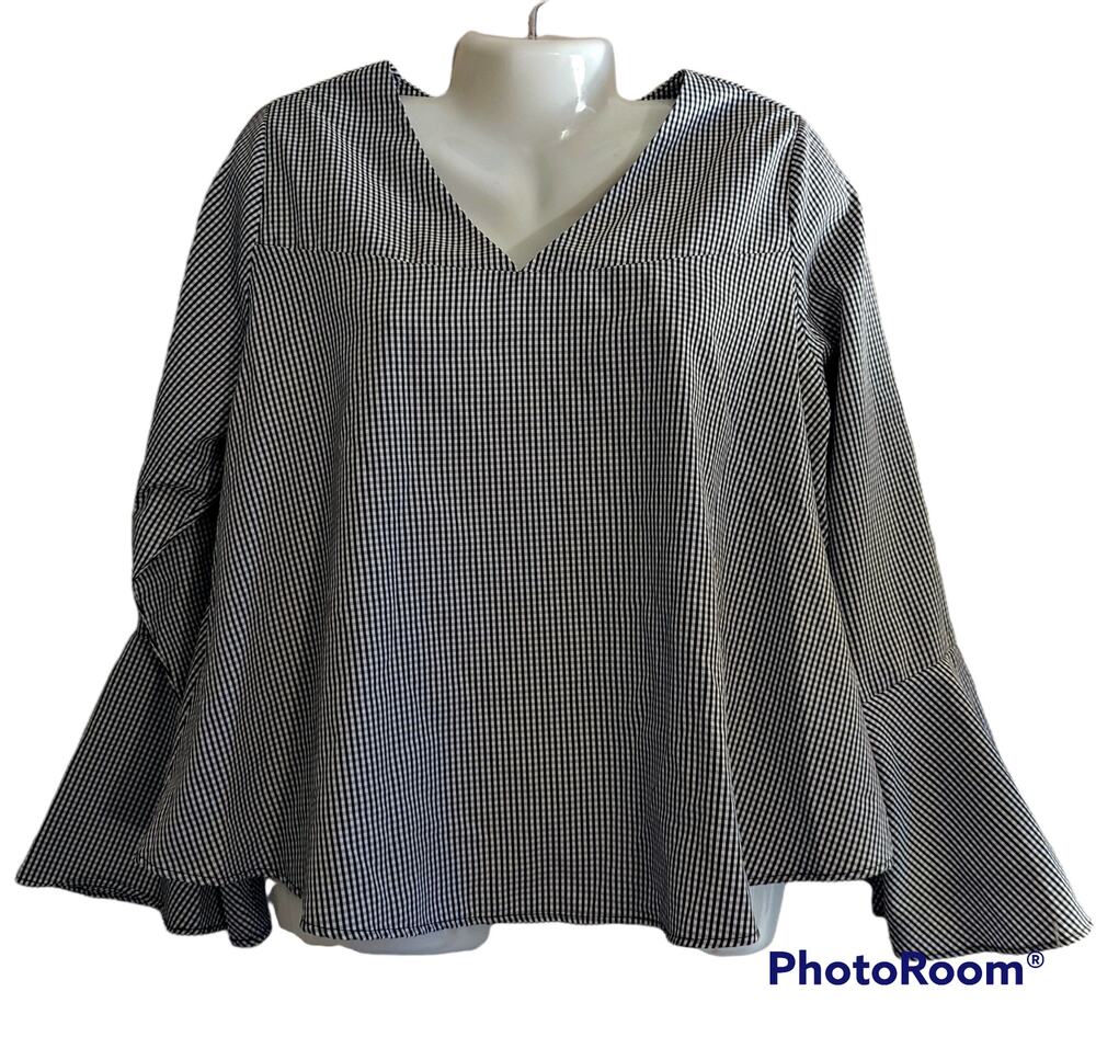 G Collection Black White Gingham 3/4 Bell Flare Sleeve V Neck Top Blouse L
